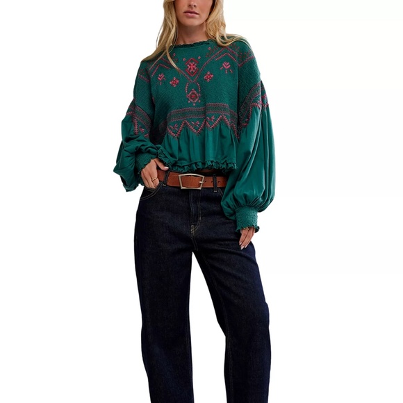 Free People Holly Long Sleeve Knit Top in Green Combo XS NWT - Picture 2 of 7